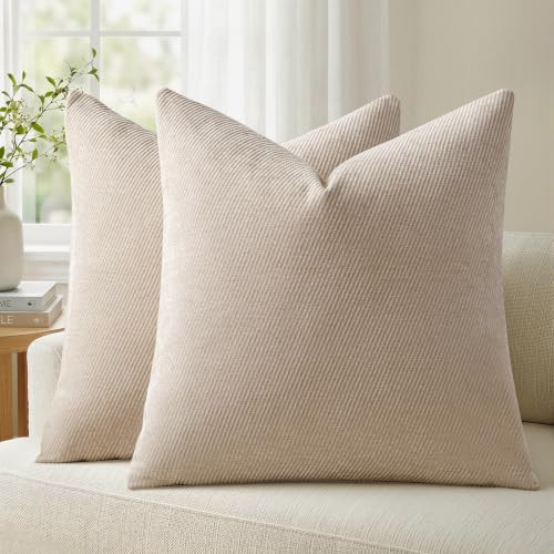 a moment Pack of 2 Decorative Chenille Throw Pillow Covers with Twill Cushion Covers for Sofa Living Room Couch Bed 18x18 Inch Beige | Amazon (US)