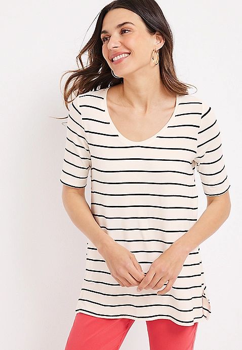 24/7 Flawless Stiped V Neck Tunic Tee | Maurices