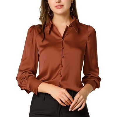 INSPIRE CHIC Women's Satin Puff Sleeve Point Collar Vintage Button Up Shirt Large Burnt Orange | Target
