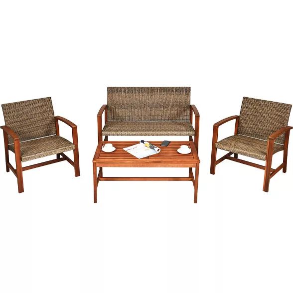 Costway 8PCS Outdoor Patio Rattan Furniture Set Acacia Wood Frame Sofa Loveseat Garden | Target