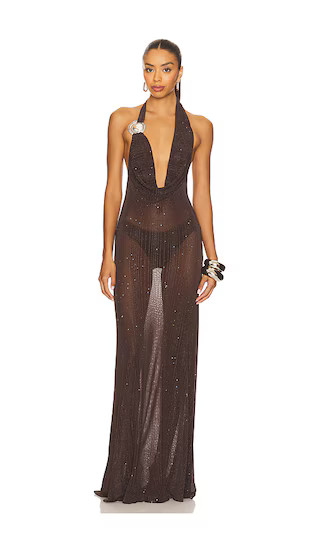 Knitted Trim Plunge Dress in Brown | Revolve Clothing (Global)