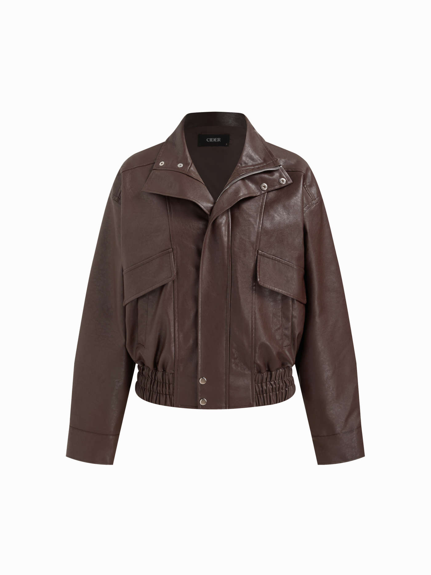 Faux Leather Funnel Neck Zip Through Faux Leather Bomber Jacket For Daily Casual Work | Cider