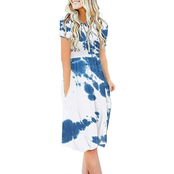 JuneFish Women's Summer Casual Short Sleeve Dressy Dresses Empire Waist Knee Length Dress with Po... | Walmart (US)