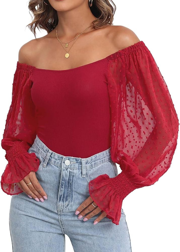 Womens Cute Long Sleeve Bodysuit Tops Wide U Neck Shirts Casual Sexy Ribbled Leotard | Amazon (US)