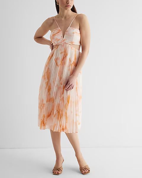 Floral Print V-Neck Pleated Cutout Midi Dress | Express