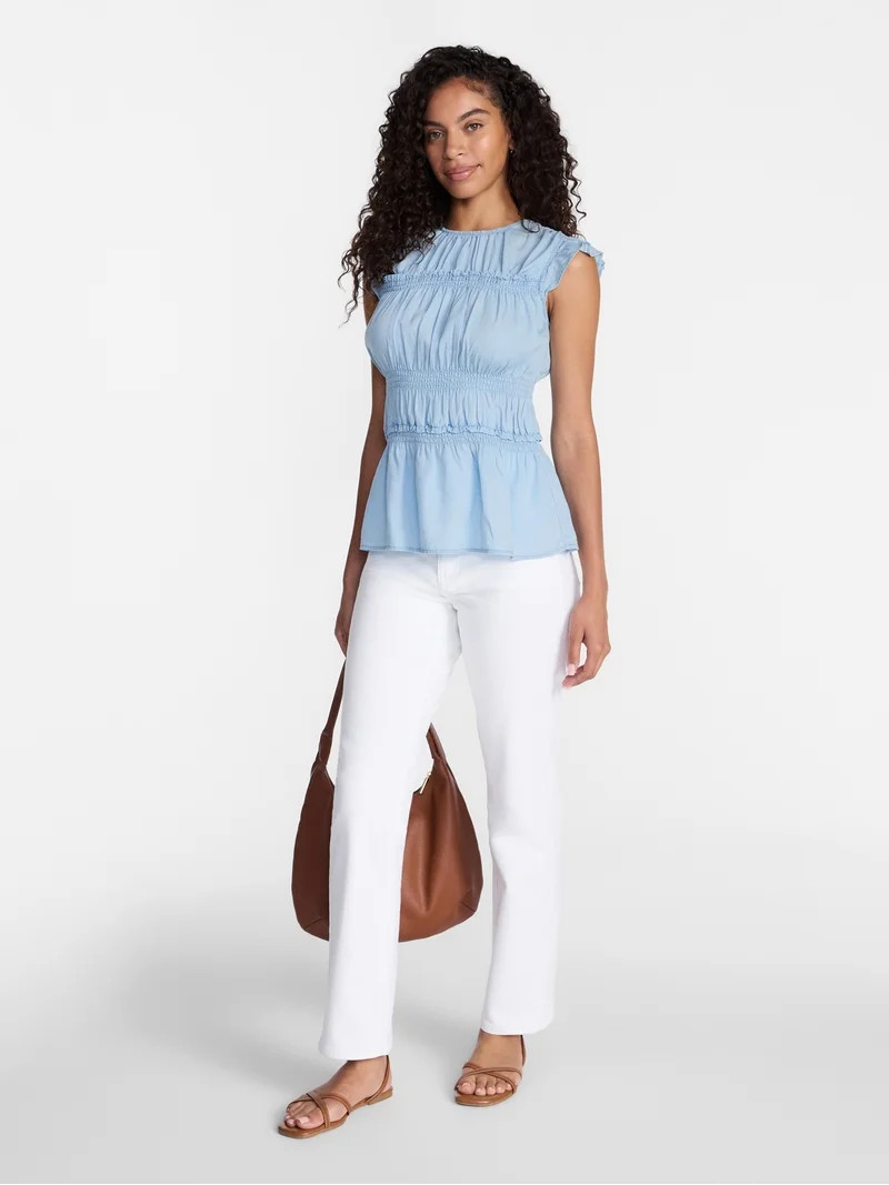 Time and Tru Women's Sleeveless Smocked Top with Ruffle Trim, Sizes XS-XXXL | Walmart (US)