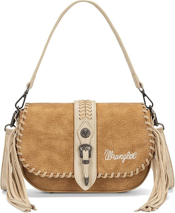 Wrangler Western Shoulder Bag for Women, Flap Crossbody Purse with Whipstitch Detail & Fringe,Vin... | Amazon (US)