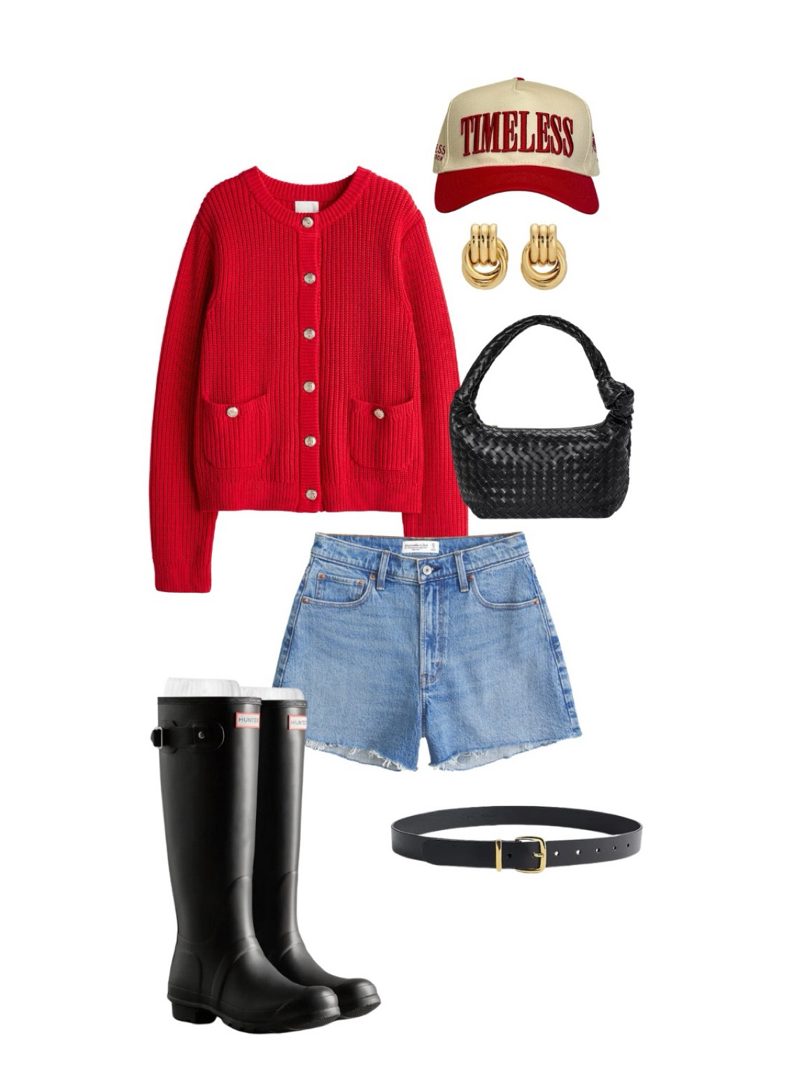 Red cardigan, Abercrombie denim shorts, simple fall outfit, hunter boots outfit, pops of red, outfit for school 🍎 

#LTKFindsUnder50 #LTKShoeCrush #LTKSeasonal