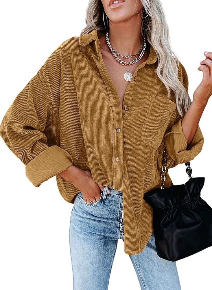 Women Corduroy Long Sleeve Button Down Collared Shirt Jacket Tops | Amazon (US)