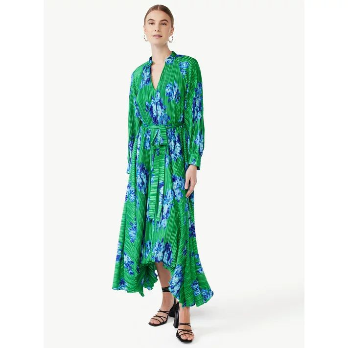 Scoop Women's Pleated Floral Midi Dress with Handkerchief Hem, Sizes XS-XXL | Walmart (US)