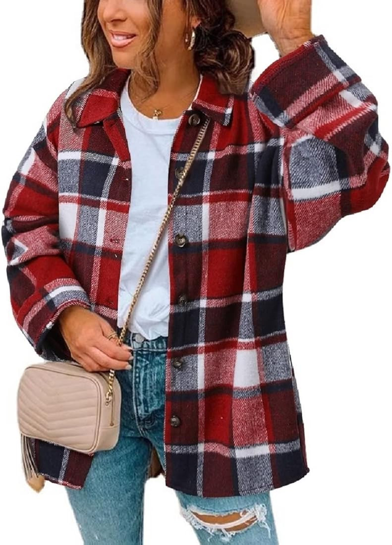 ZOLUCKY Women's Casual Plus Size Shacket Jacket Long Sleeve Button Down Shirts Blouses Tops | Amazon (US)