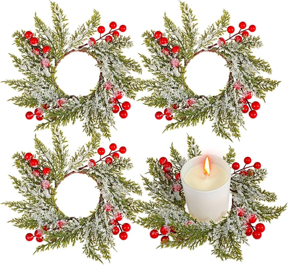 4 Pcs Christmas Candle Rings Wreath Pine Garland Red Berry Mini Cabinet Wreaths Artificial Snowy ... | Amazon (US)