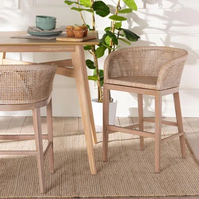 Bali & Pari Papua Modern Bohemian Antique White Washed Rattan And Mahogany Wood Counter Stool | Wayfair North America