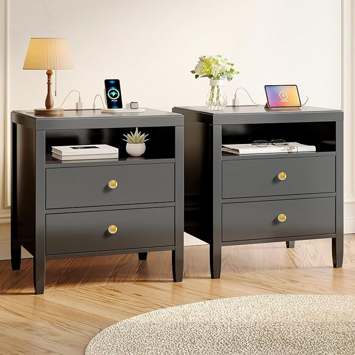 Huuger Black Nightstand Set of 2, Night Stand with Charger Station, Bedside Table with 2 Drawers,... | Amazon (US)