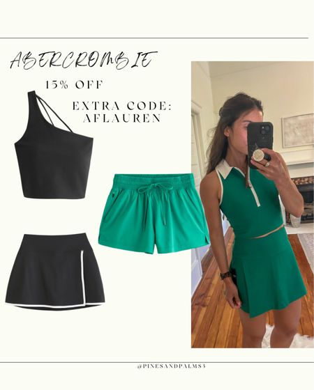 Abercrombie, small in both, use code AFLAUREN , green skort is sold out but can do shorts too

#LTKfindsunder50 #LTKfitness #LTKActive