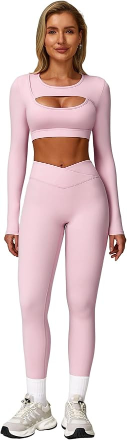 Workout Sets for Women 2 Piece Long Sleeve Cutout Crop Top and High Waisted Leggings Gym Athletic... | Amazon (US)