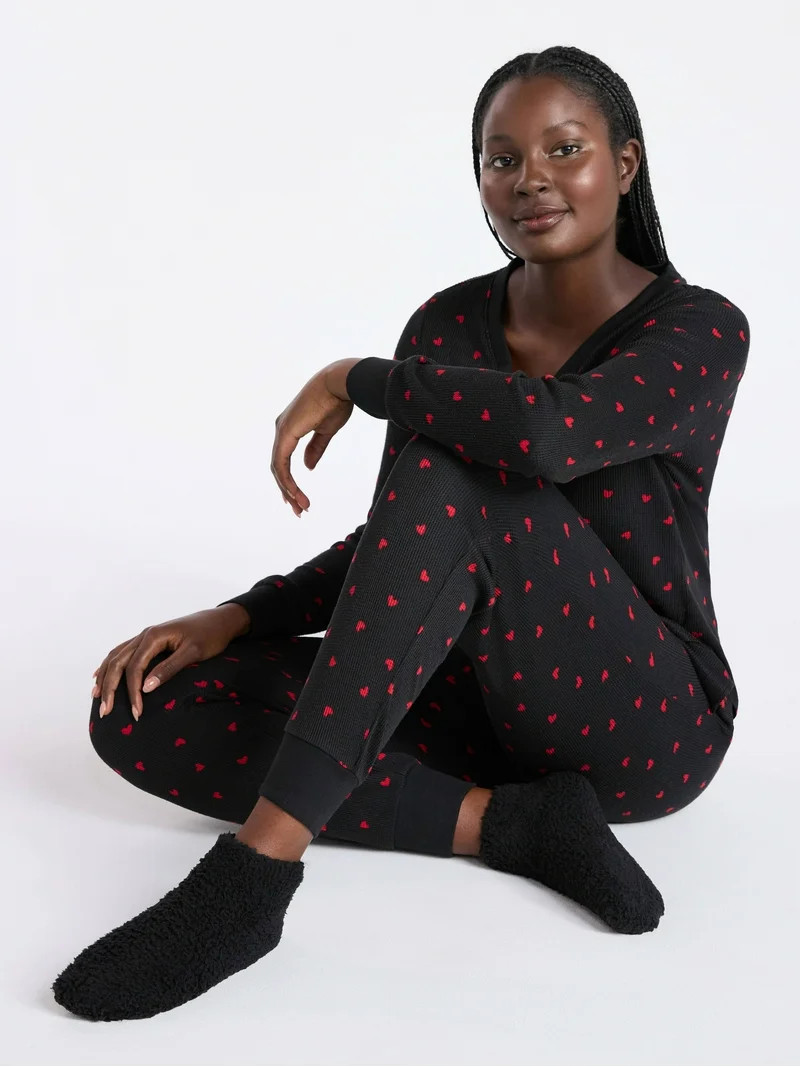 Joyspun Women's Waffle Knit Henley Sleep Top, Joggers and Socks Pajama Set, 3-Piece, Sizes XS-3X | Walmart (US)