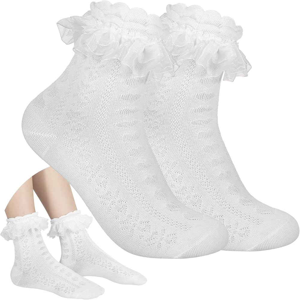 Women's Ruffle Socks - Mid-Calf, Lace Ruffle Frilly Comfortable Cotton Princess Socks | Amazon (US)