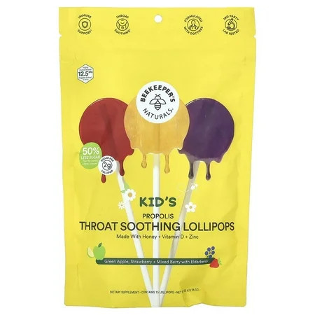 Beekeeper's Naturals, Kids Propolis Throat Soothing Lollipops, Green Apple, Strawberry + Mixed Berry with Elderberry, 15 Lollipops Pack of 4 | Walmart (US)
