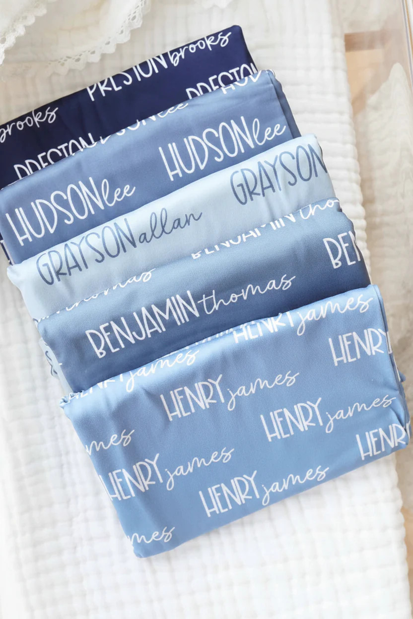 Personalized Baby Name Swaddle Blanket Font Duo | Best Selling Blues | Caden Lane