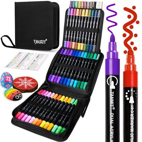 TANMIT 48 Colors Acrylic Paint Markers, Dual Tip Acrylic Paint Pens with Dot & Fine Tips For Fabric, Rock, Wood, Glass, Eggs, Scrapbook, DIY Crafts Making Art Supplies - Teacher Appreciation Gift | Amazon (US)