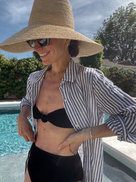 Crinkle two piece suit and striped button down coverup 
Bottoms on suit provide between moderate and full booty coverage 
Took my regular size in the striped button down 


#LTKswim