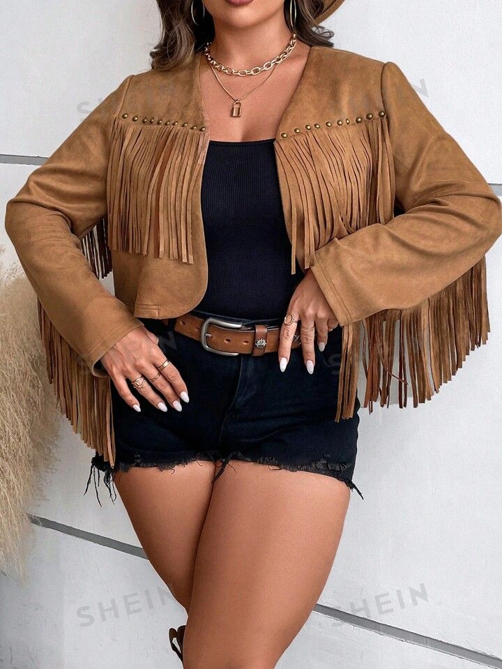 SHEIN LUNE Plus Fringe Trim Open Front Suedette Jacket | SHEIN