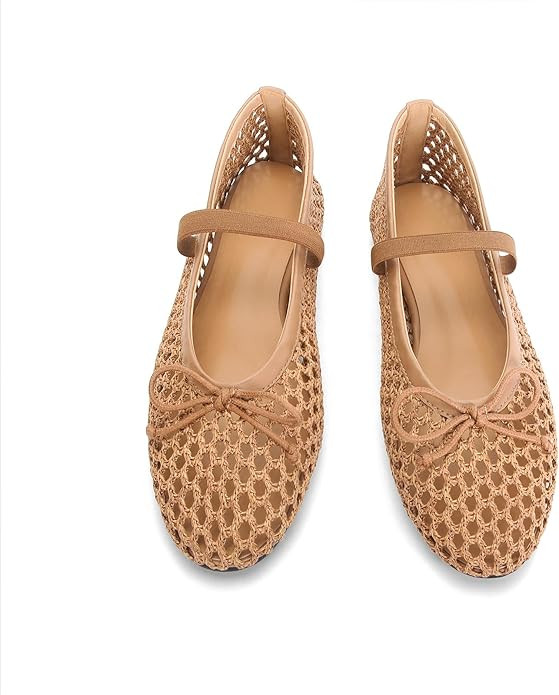 MICIFA Ballet Flats Round Toe Bow Fishnet Mary Jane Flats Dress Wedding Ballerinas Shoes | Amazon (US)
