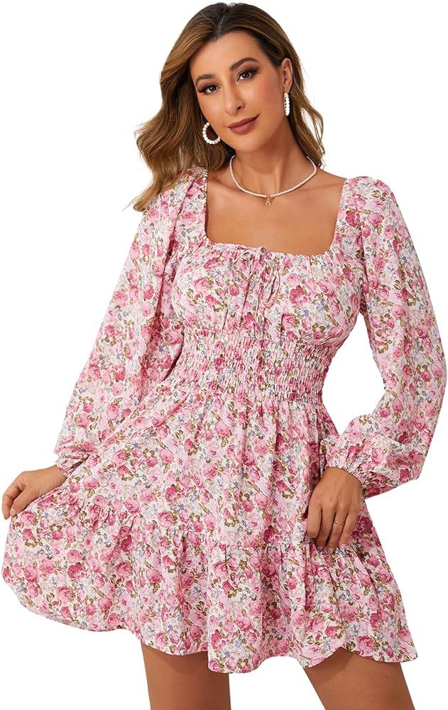 Floerns Women's Floral Print Square Neck Puff Long Sleeve A Line Short Dress | Amazon (US)