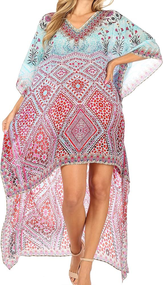 Sakkas Laisson Flowy Hi Low Caftan Rhinestone Boxy V Neck Dress Top Cover/Up | Amazon (US)