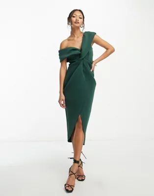 ASOS DESIGN twist front off the shoulder midi dress in forest green | ASOS (Global)