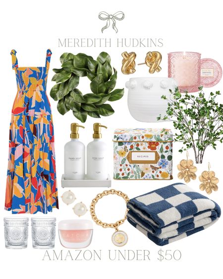 Spring fashion, vacation outfit, magnolia wreath, white pot, candle, not earrings, Kate Spade, recipe box, checkered throw blanket, coin bracelet, pearl earrings, lip scrub, drinking glasses, sundress, dish soap and hand soap decanter, flower earrings, gold earrings, kitchen, dining room, jewelry, Amazon fashion, Summer fashion, 00TD, spring home decor, vacation outfit 

#LTKunder50 #LTKsalealert #LTKSeasonal