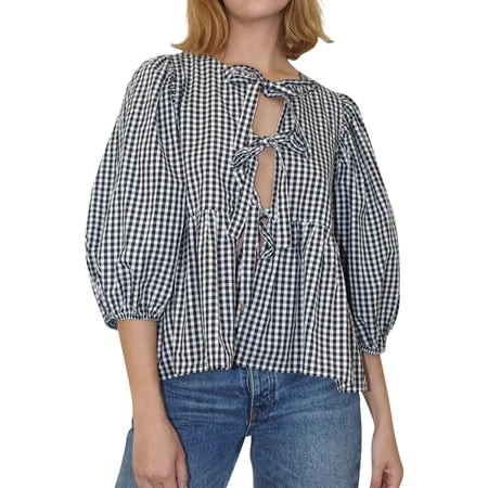 MIPREWUY Women Basic Tie Front Tops Casual Plaid Print 3/4 Sleeve Shirt for Club Streetwear Aesthetic Clothes | Walmart (US)