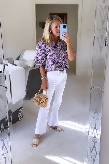 Love, this lavender and purple floral top with ruffle yoke detail. Fits true to size.
Best white jeans for spring, and 
Fit true to size 
Avara x Natasha 


#LTKSeasonal #LTKover40 #LTKstyletip