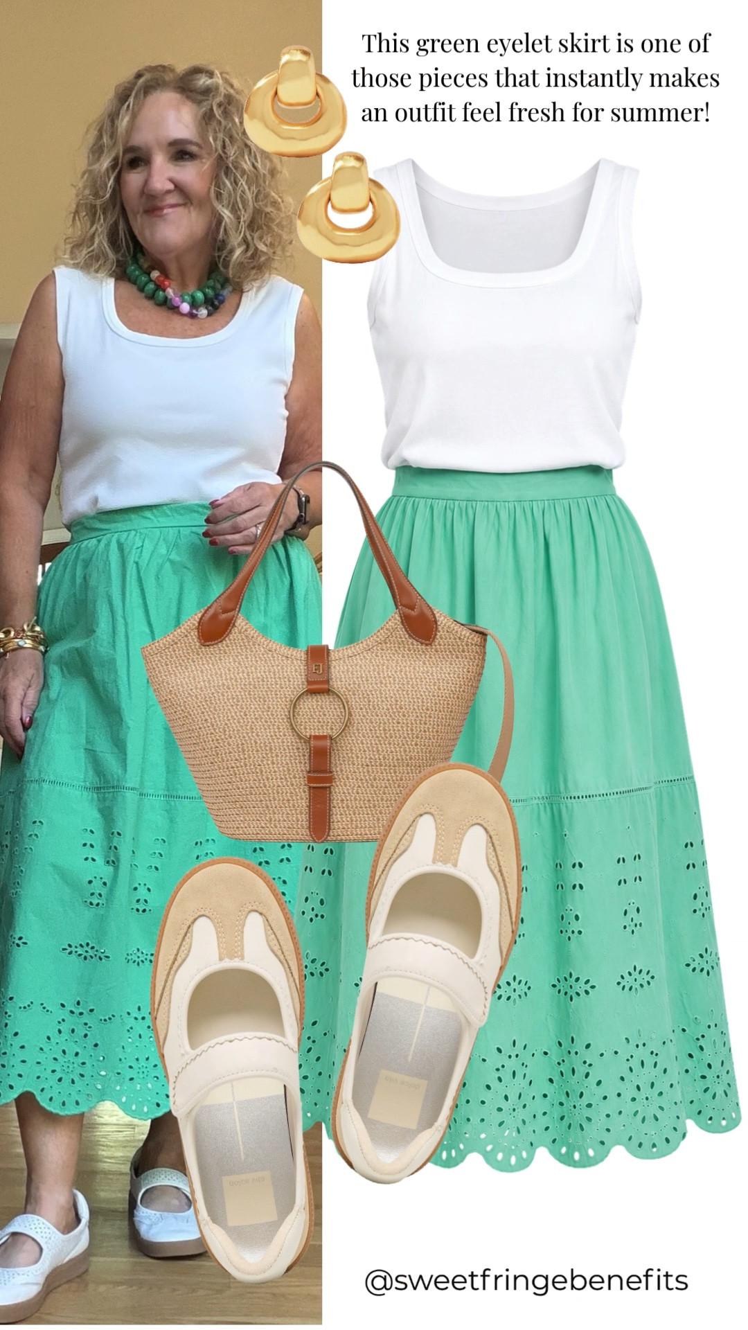This eyelet midi skirt is such a fun pop of color for summer! Paired with a simple white tank and comfy Mary Jane sneakers, it's an effortless outfit that's perfect for everyday. The eyelet hem adds just the right amount of detail while keeping the look light and feminine.

💡 LTK MADE EASY
❤️ Heart = Support my posts!
📌 Save = Get sale & restock alerts
📋 Lists = Keep favorites organized
📲 Share = Send lists and products to a friend. Hello, Christmas List! 💬
💬 Comment = Ask me anything about sizing or fit. :-)

#LTKootd #LTKSaleAlert #LTKOver40
