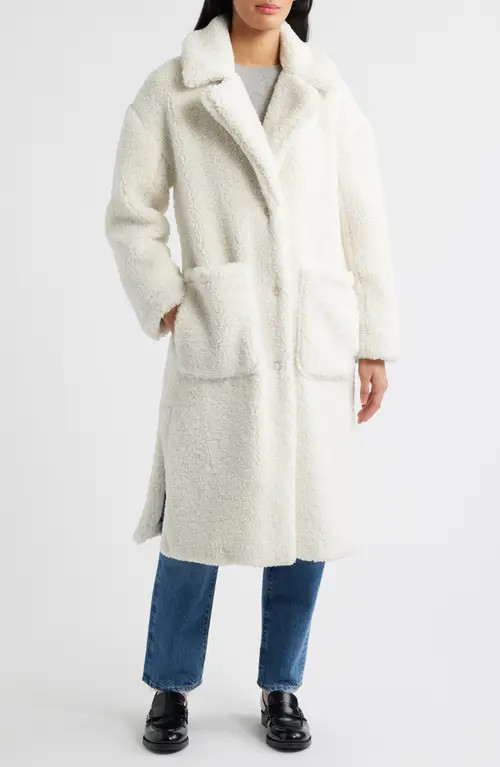 bcbg Notch Collar Faux Shearling Long Coat in Cream at Nordstrom, Size Large | Nordstrom