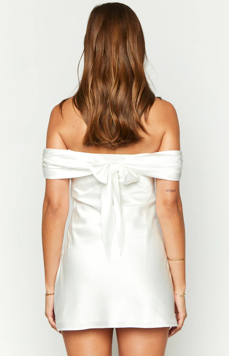Primrose White Satin Off the Shoulder Mini Dress | Beginning Boutique (US)