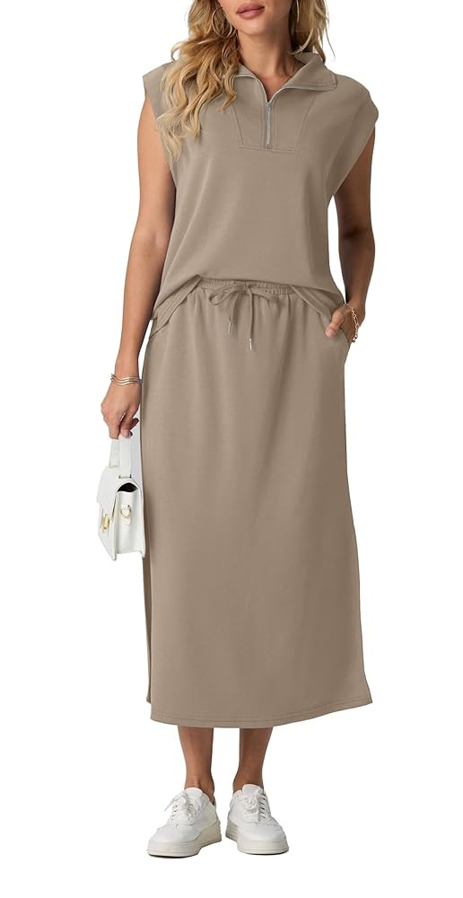 Lepunuo Women Skirt Sets 2 Piece Outfits Casual Half Zip Lapel Top Travel Midi Dress Sets | Amazon (US)
