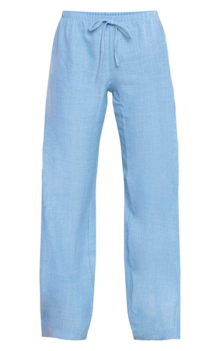 Blue Linen Look Drawstring Wide Leg Pants | PrettyLittleThing US