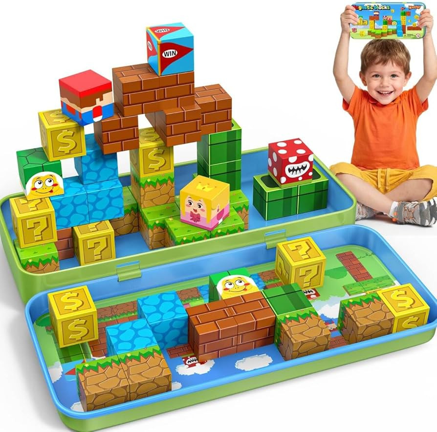 Magnetic Blocks Travel Toys for Kids Ages 4-8, 35 PCS Magnetic Cubes STEM Learning Set with Porta... | Amazon (US)