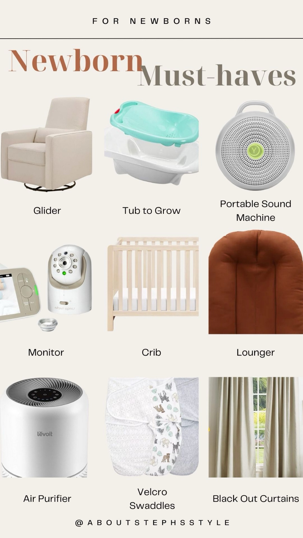 Newborn must haves, crib, lounger, sound machine, baby monitor, black out curtains 

#LTKBaby #LTKBump #LTKHome