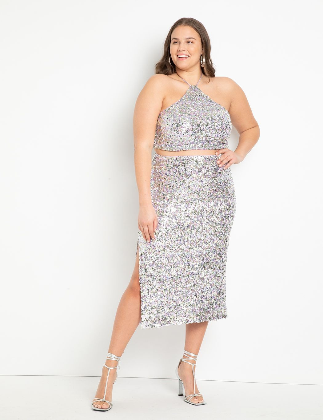 Sequin Midi Skirt With Side Slit | Women's Plus Size Skirts | ELOQUII | Eloquii