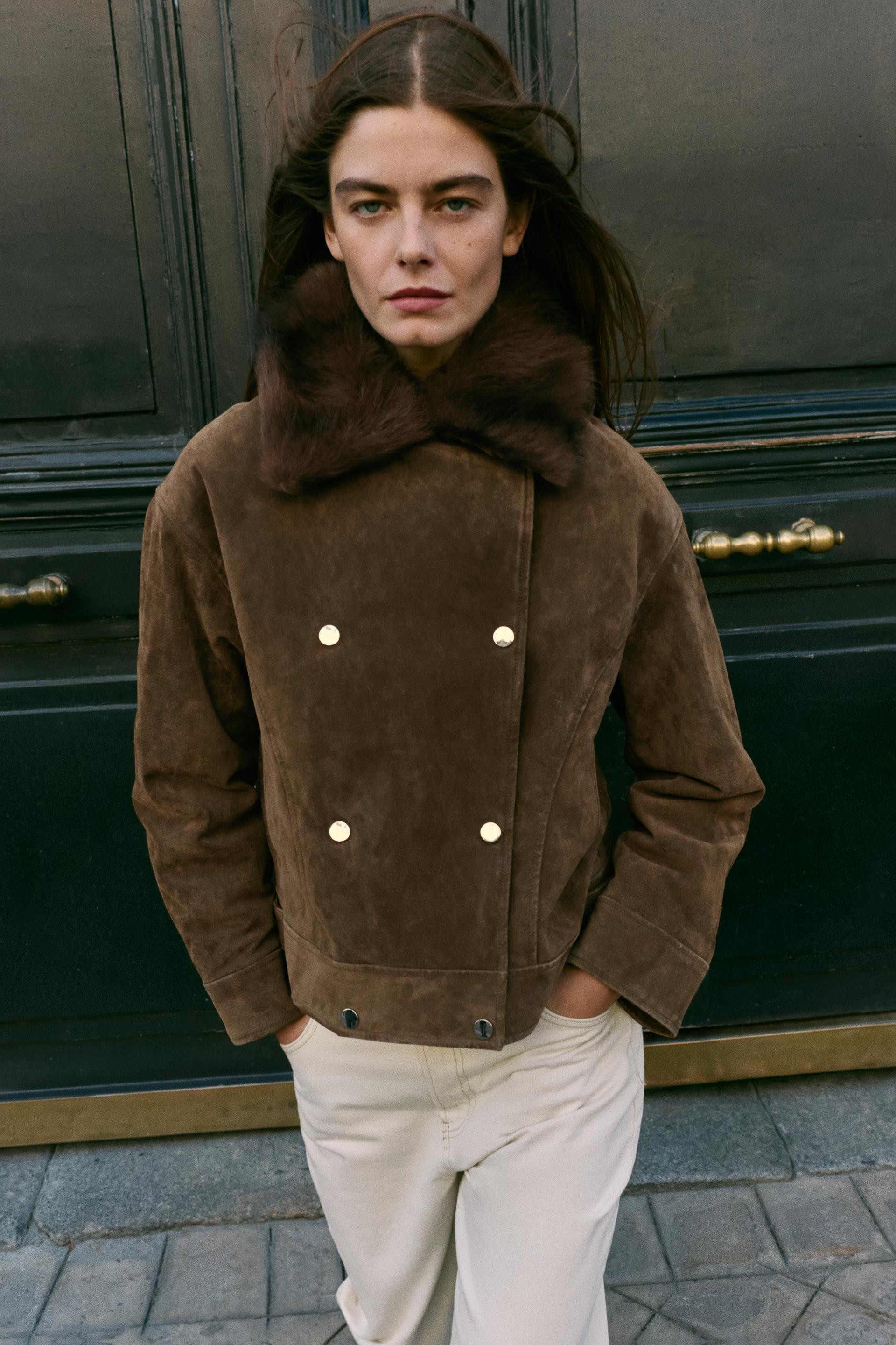 Zara - 100% Leather Padded Jacket With Faux Fur Collar - Dark Brown - S - Woman | Zara US