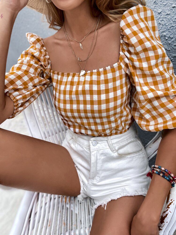 Gingham Square Neck Puff Sleeve Blouse | SHEIN