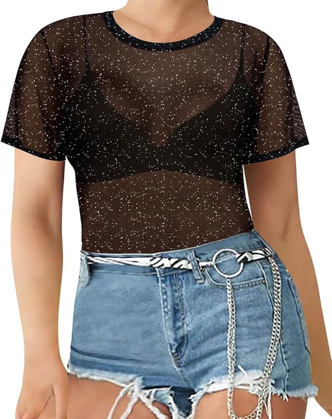 RITERA Plus Size Mesh Tops Sexy See Through Shirt Sheer Tee Shirt Blouse Clubwear XL-5XL | Amazon (US)