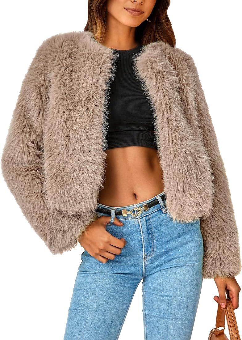 PRETTYGARDEN Women's 2023 Winter Coats Fleece Cropped Jacket Faux Fur Long Sleeve Pockets Shaggy ... | Amazon (US)
