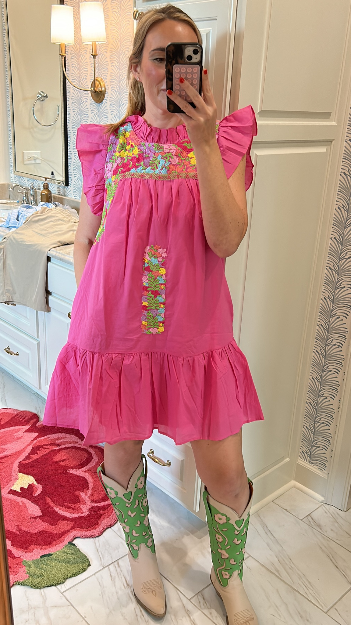 What some people might wear to a country concert or a rodeo, I wear in a random Wednesday. Felt like our girls’ afternoon called for a cute fit! This embroidered dress is one of my all time favorites. It’s lightweight and flowy, with pockets and has so much gorgeous detailing. The cowgirl boots are a showstopper too! 