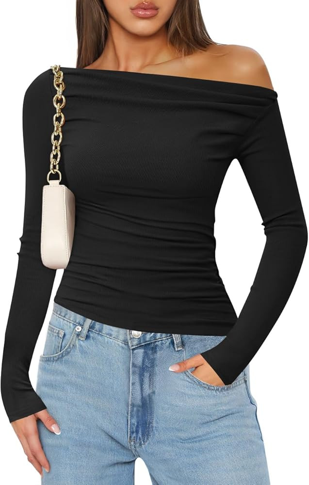 ZESICA Womens Off Shoulder Long Sleeve Tops 2026 Fall Casual Boat Neck Ruched Slim Fit Going Out ... | Amazon (US)