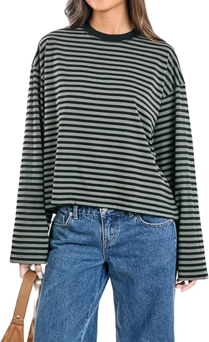 Y2k Womens Striped Cropped Shirt Drop Shoulder Long Sleeve Crewneck Sweatshirt Fairy Grunge Sweat... | Amazon (US)