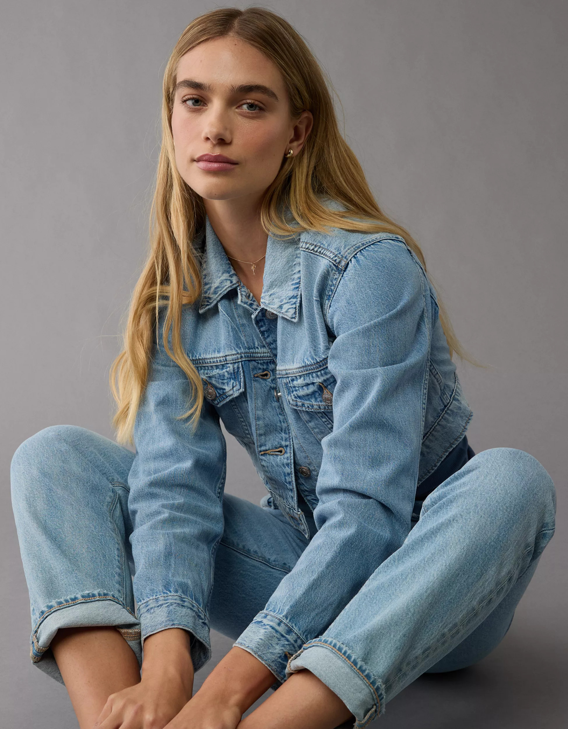 AE Dreamy Drape Super Cropped Denim Jacket | American Eagle Outfitters (US & CA)